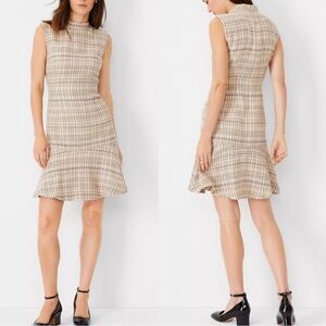 Ann Taylor Tweed Mock Neck Flounce Dress Petite Toasted Oat